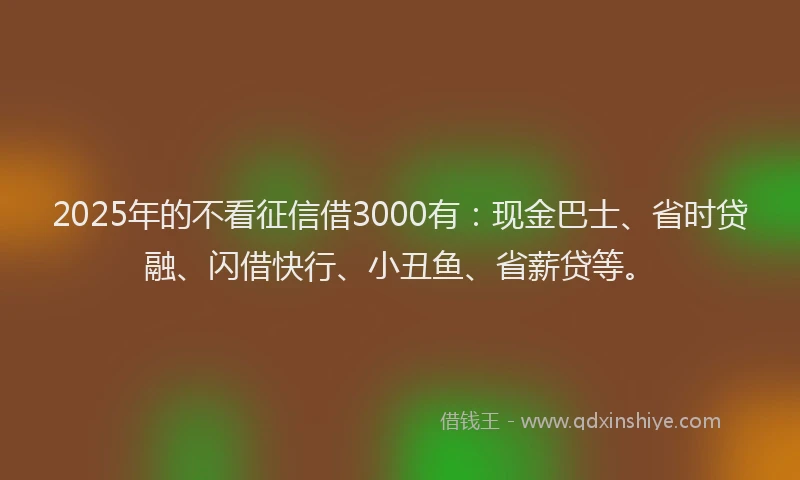 2025年的不看征信借3000有：现金巴士、省时贷融、闪借快行、小丑鱼、省薪贷等。