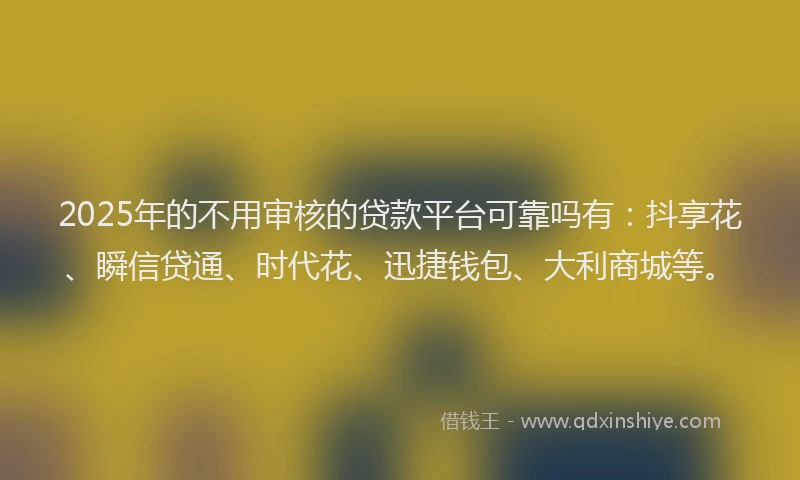2025年的不用审核的贷款平台可靠吗有：抖享花、瞬信贷通、时代花、迅捷钱包、大利商城等。
