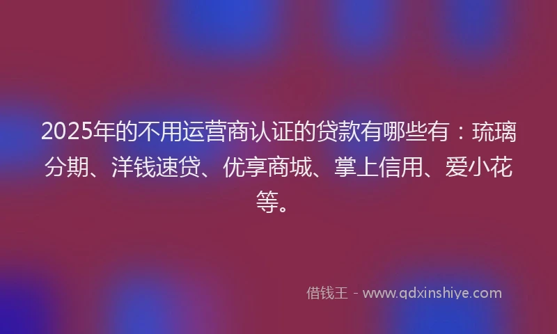 2025年的不用运营商认证的贷款有哪些有：琉璃分期、洋钱速贷、优享商城、掌上信用、爱小花等。