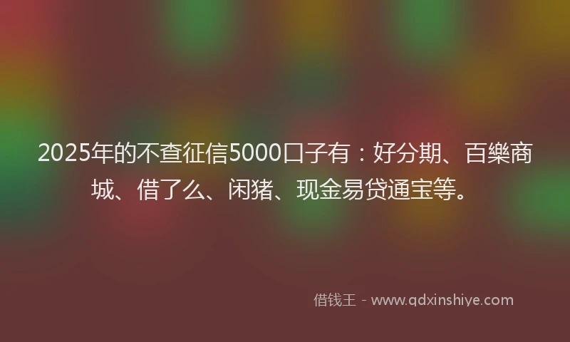 2025年的不查征信5000口子有:好分期、百樂商城、借了么、闲猪、现金易贷通宝等。