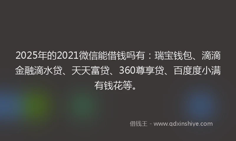 2025年的2021微信能借钱吗有：瑞宝钱包、滴滴金融滴水贷、天天富贷、360尊享贷、百度度小满有钱花等。
