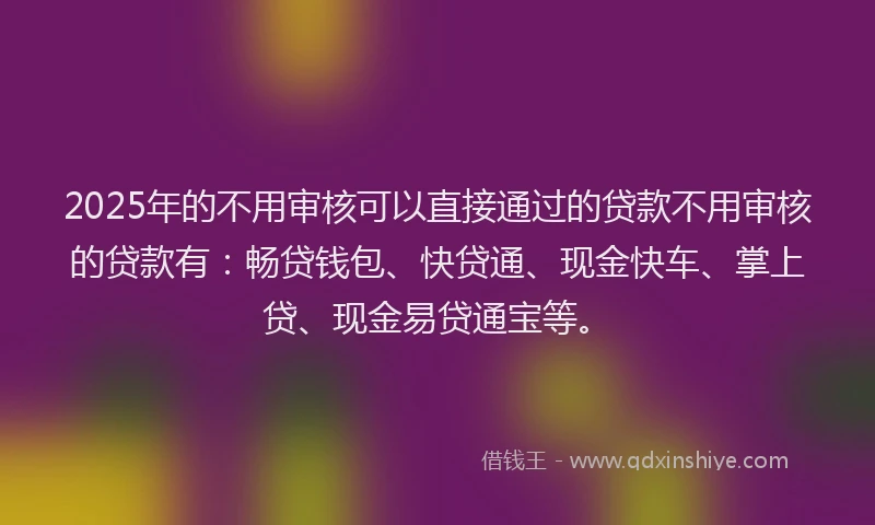 2025年的不用审核可以直接通过的贷款不用审核的贷款有:畅贷钱包、快贷通、现金快车、掌上贷、现金易贷通宝等。