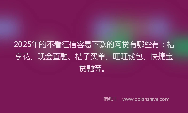 2025年的不看征信容易下款的网贷有哪些有：桔享花、现金直融、桔子买单、旺旺钱包、快捷宝贷融等。