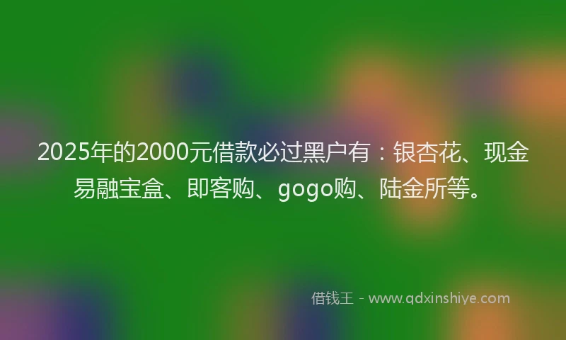 2025年的2000元借款必过黑户有：银杏花、现金易融宝盒、即客购、gogo购、陆金所等。