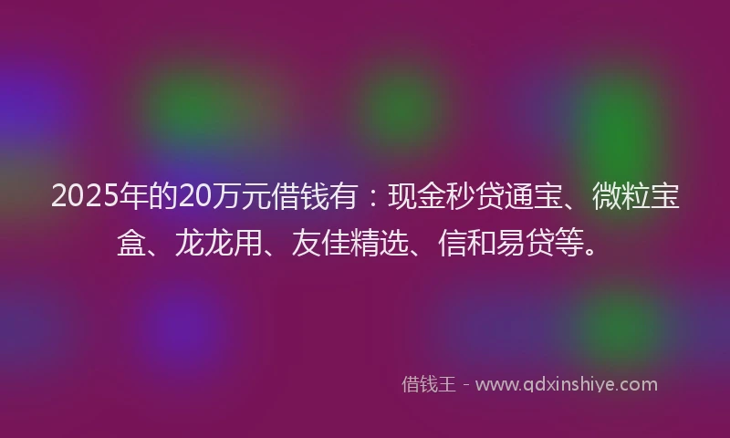 2025年的20万元借钱有：现金秒贷通宝、微粒宝盒、龙龙用、友佳精选、信和易贷等。
