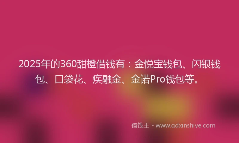 2025年的360甜橙借钱有：金悦宝钱包、闪银钱包、口袋花、疾融金、金诺Pro钱包等。