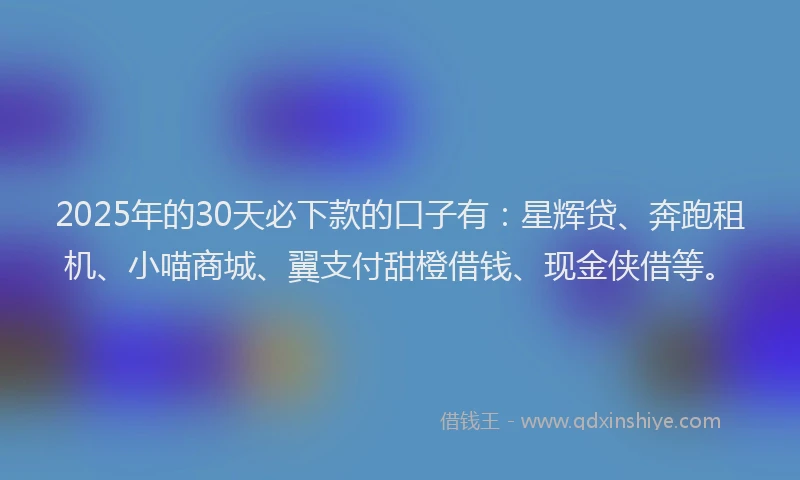 2025年的30天必下款的口子有：星辉贷、奔跑租机、小喵商城、翼支付甜橙借钱、现金侠借等。