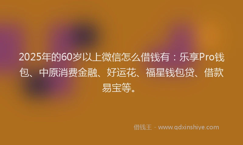2025年的60岁以上微信怎么借钱有：乐享Pro钱包、中原消费金融、好运花、福星钱包贷、借款易宝等。