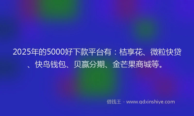 2025年的5000好下款平台有：桔享花、微粒快贷、快鸟钱包、贝赢分期、金芒果商城等。
