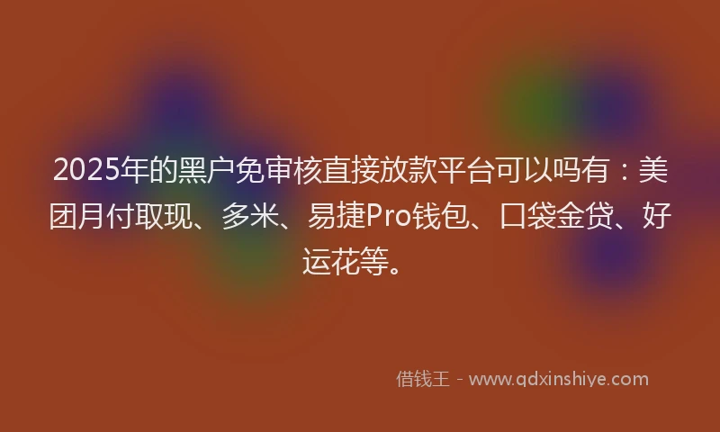 2025年的黑户免审核直接放款平台可以吗有：美团月付取现、多米、易捷Pro钱包、口袋金贷、好运花等。