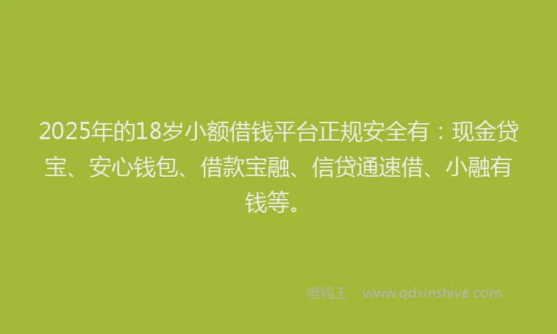 2025年的18岁小额借钱平台正规安全有：现金贷宝、安心钱包、借款宝融、信贷通速借、小融有钱等。