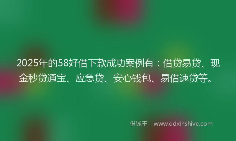 2025年的58好借下款成功案例有：借贷易贷、现金秒贷通宝、应急贷、安心钱包、易借速贷等。
