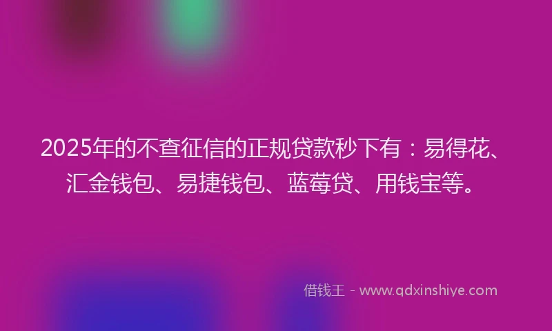 2025年的不查征信的正规贷款秒下有：易得花、汇金钱包、易捷钱包、蓝莓贷、用钱宝等。