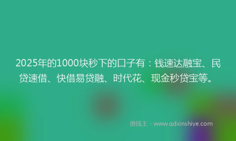 2025年的1000块秒下的口子有：钱速达融宝、民贷速借、快借易贷融、时代花、现金秒贷宝等。