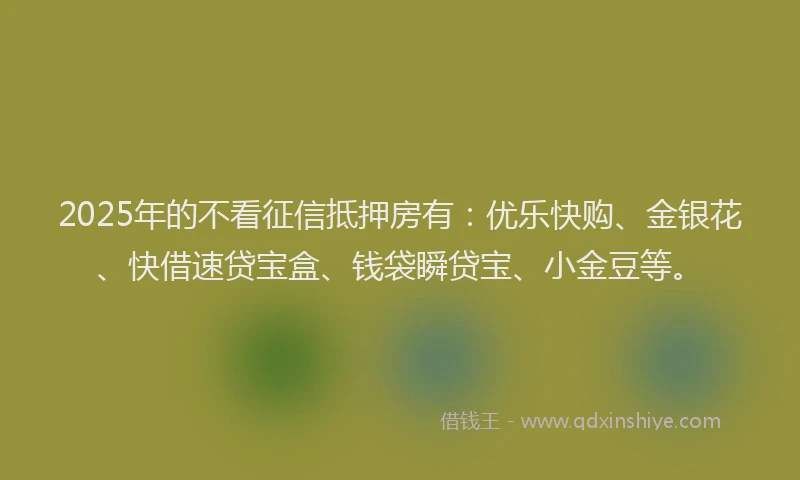 2025年的不看征信抵押房有：优乐快购、金银花、快借速贷宝盒、钱袋瞬贷宝、小金豆等。