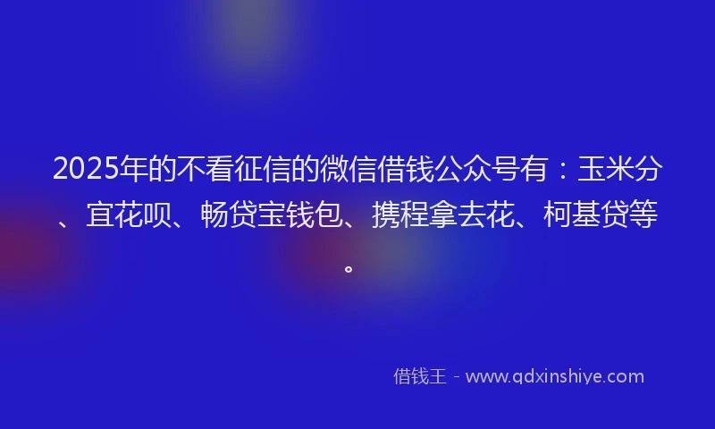 2025年的不看征信的微信借钱公众号有：玉米分、宜花呗、畅贷宝钱包、携程拿去花、柯基贷等。