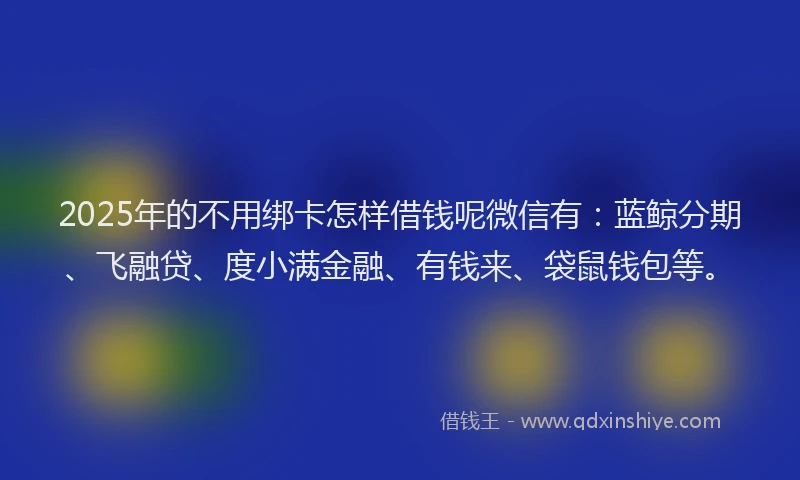 2025年的不用绑卡怎样借钱呢微信有：蓝鲸分期、飞融贷、度小满金融、有钱来、袋鼠钱包等。