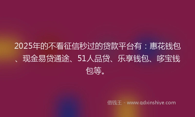 2025年的不看征信秒过的贷款平台有：惠花钱包、现金易贷通途、51人品贷、乐享钱包、哆宝钱包等。