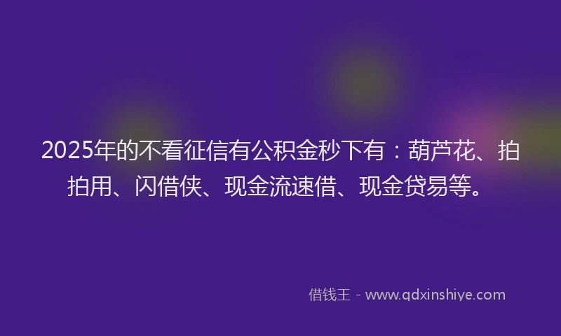 2025年的不看征信有公积金秒下有：葫芦花、拍拍用、闪借侠、现金流速借、现金贷易等。