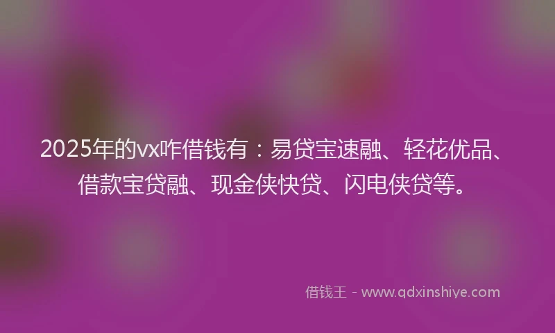 2025年的vx咋借钱有：易贷宝速融、轻花优品、借款宝贷融、现金侠快贷、闪电侠贷等。