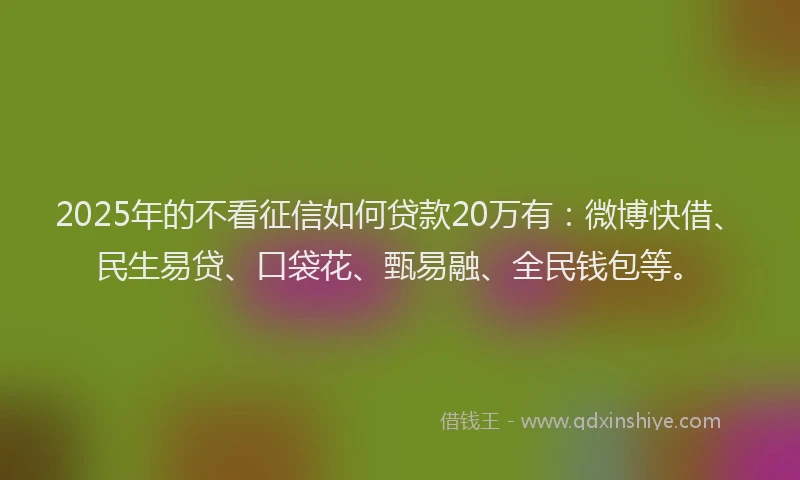 2025年的不看征信如何贷款20万有：微博快借、民生易贷、口袋花、甄易融、全民钱包等。