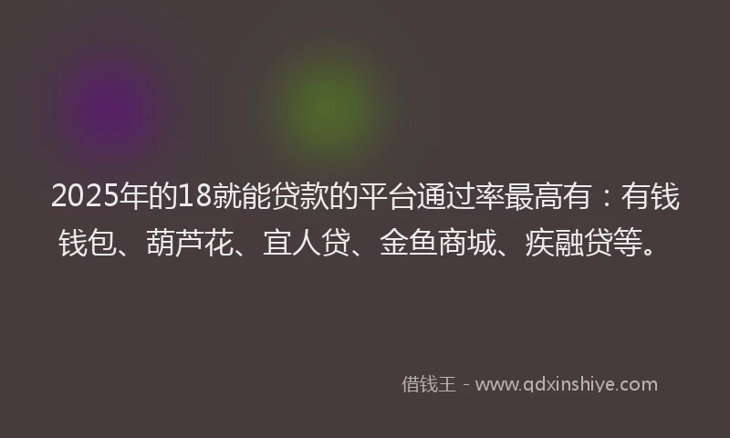 2025年的18就能贷款的平台通过率最高有：有钱钱包、葫芦花、宜人贷、金鱼商城、疾融贷等。