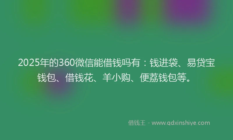 2025年的360微信能借钱吗有：钱进袋、易贷宝钱包、借钱花、羊小购、便荔钱包等。