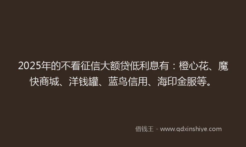 2025年的不看征信大额贷低利息有：橙心花、魔快商城、洋钱罐、蓝鸟信用、海印金服等。