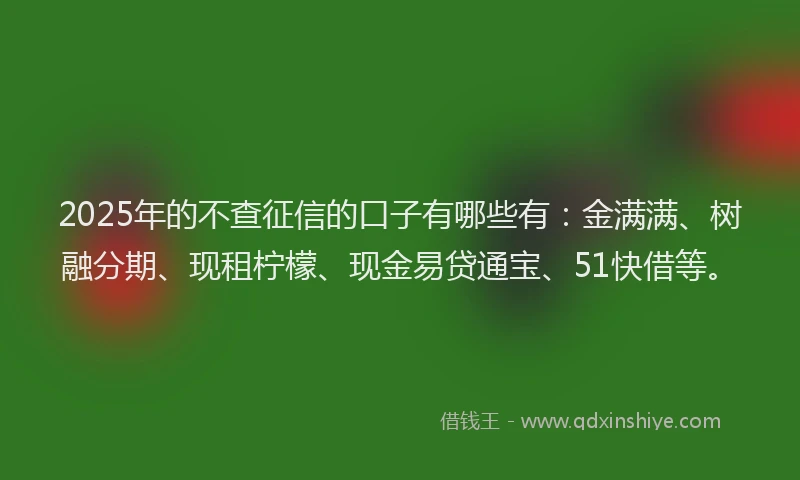2025年的不查征信的口子有哪些有：金满满、树融分期、现租柠檬、现金易贷通宝、51快借等。