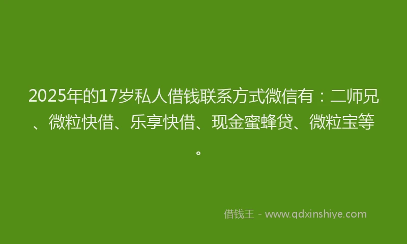 2025年的17岁私人借钱联系方式微信有：二师兄、微粒快借、乐享快借、现金蜜蜂贷、微粒宝等。