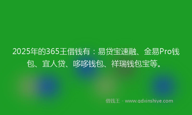 2025年的365王借钱有：易贷宝速融、金易Pro钱包、宜人贷、哆哆钱包、祥瑞钱包宝等。