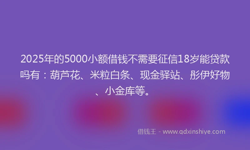 2025年的5000小额借钱不需要征信18岁能贷款吗有：葫芦花、米粒白条、现金驿站、彤伊好物、小金库等。