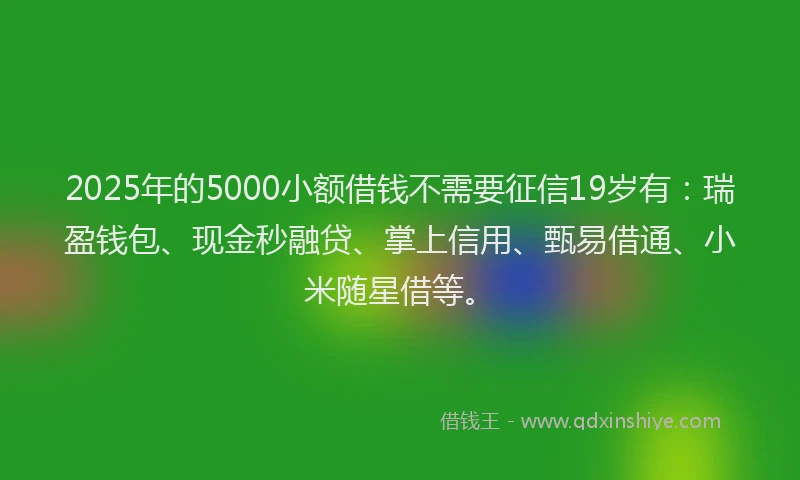 2025年的5000小额借钱不需要征信19岁有：瑞盈钱包、现金秒融贷、掌上信用、甄易借通、小米随星借等。