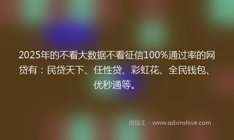 2025年的不看大数据不看征信100%通过率的网贷有：民贷天下、任性贷、彩虹花、全民钱包、优秒通等。