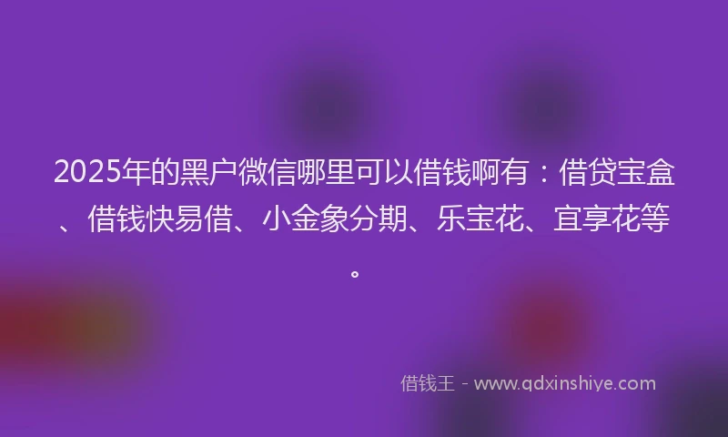 2025年的黑户微信哪里可以借钱啊有：借贷宝盒、借钱快易借、小金象分期、乐宝花、宜享花等。