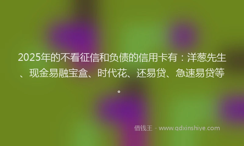 2025年的不看征信和负债的信用卡有：洋葱先生、现金易融宝盒、时代花、还易贷、急速易贷等。