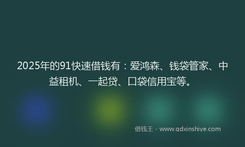 2025年的91快速借钱有:爱鸿森、钱袋管家、中益租机、一起贷、口袋信用宝等。