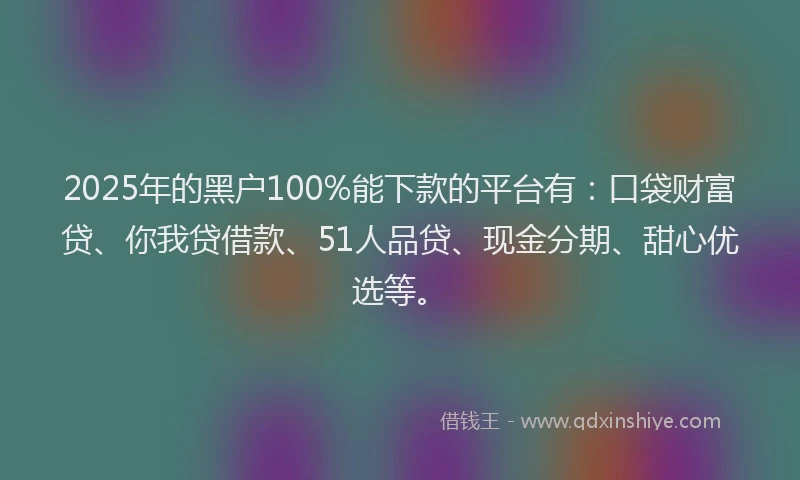 2025年的黑户100%能下款的平台有：口袋财富贷、你我贷借款、51人品贷、现金分期、甜心优选等。