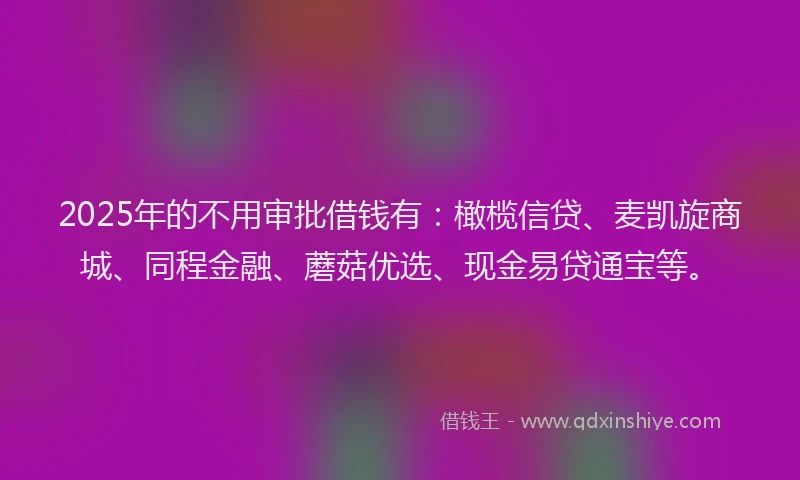 2025年的不用审批借钱有：橄榄信贷、麦凯旋商城、同程金融、蘑菇优选、现金易贷通宝等。