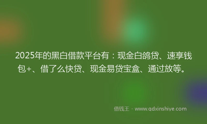 2025年的黑白借款平台有：现金白鸽贷、速享钱包+、借了么快贷、现金易贷宝盒、通过放等。