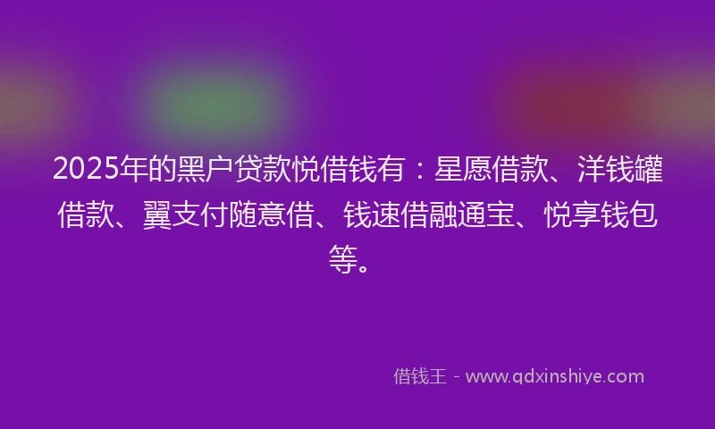 2025年的黑户贷款悦借钱有：星愿借款、洋钱罐借款、翼支付随意借、钱速借融通宝、悦享钱包等。