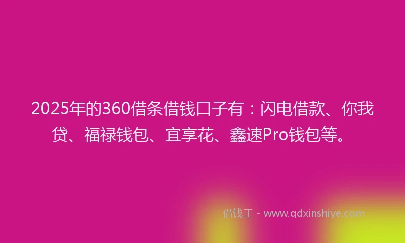 2025年的360借条借钱口子有：闪电借款、你我贷、福禄钱包、宜享花、鑫速Pro钱包等。