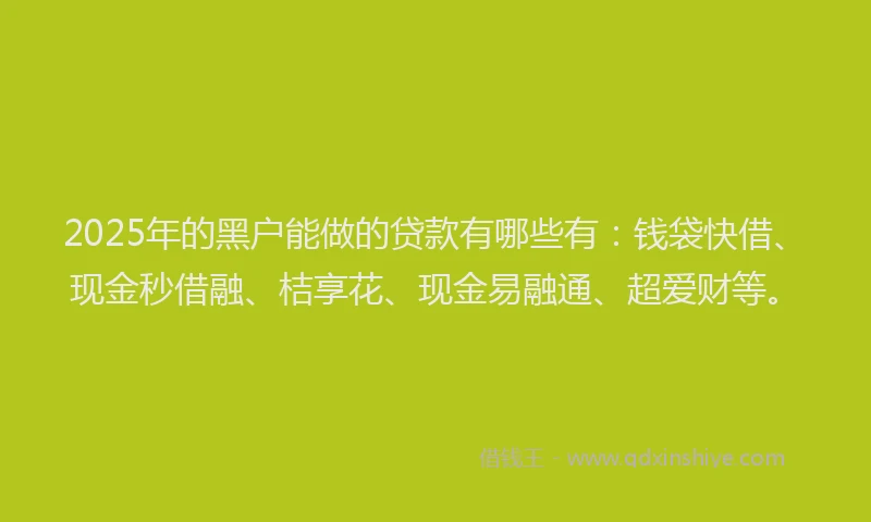 2025年的黑户能做的贷款有哪些有：钱袋快借、现金秒借融、桔享花、现金易融通、超爱财等。