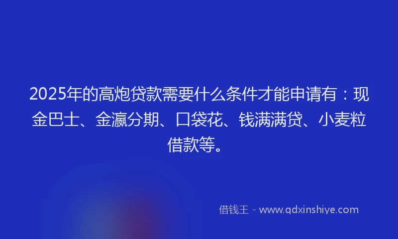 2025年的高炮贷款需要什么条件才能申请有：现金巴士、金瀛分期、口袋花、钱满满贷、小麦粒借款等。