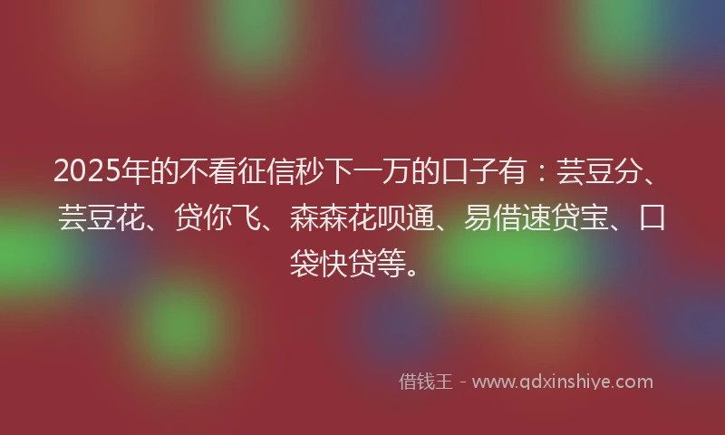 2025年的不看征信秒下一万的口子有：芸豆分、芸豆花、贷你飞、森森花呗通、易借速贷宝、口袋快贷等。