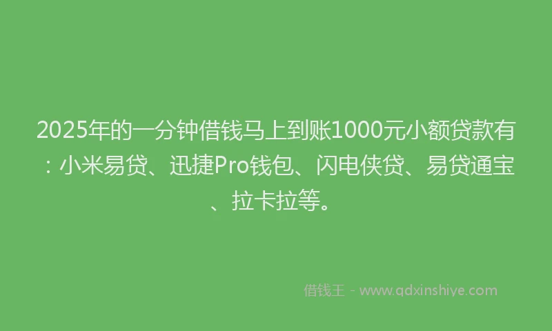 2025年的一分钟借钱马上到账1000元小额贷款有：小米易贷、迅捷Pro钱包、闪电侠贷、易贷通宝、拉卡拉等。