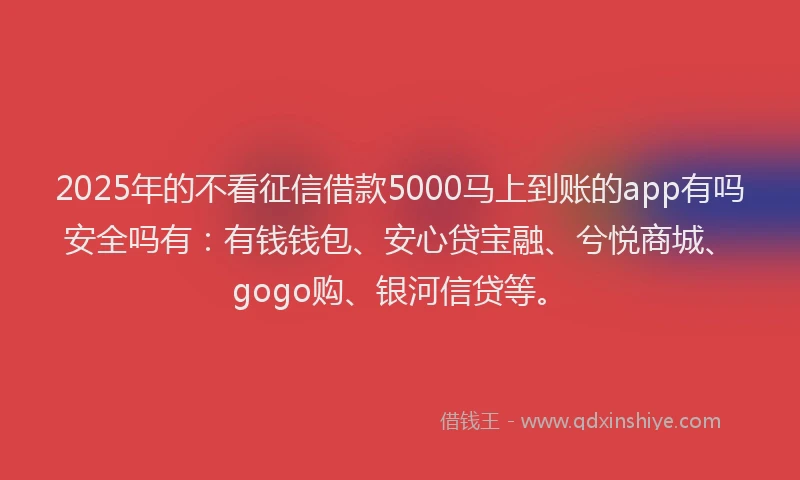 2025年的不看征信借款5000马上到账的app有吗安全吗有：有钱钱包、安心贷宝融、兮悦商城、gogo购、银河信贷等。