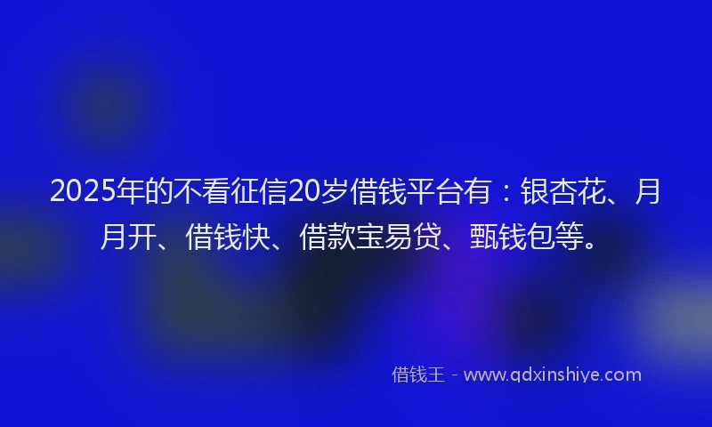 2025年的不看征信20岁借钱平台有：银杏花、月月开、借钱快、借款宝易贷、甄钱包等。