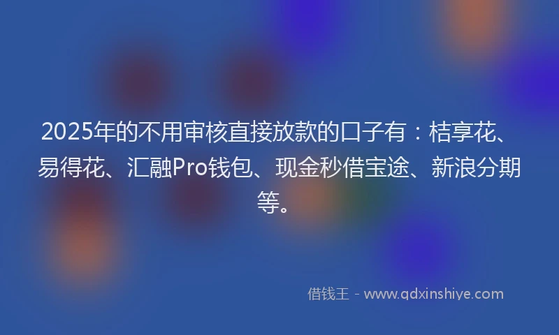 2025年的不用审核直接放款的口子有：桔享花、易得花、汇融Pro钱包、现金秒借宝途、新浪分期等。