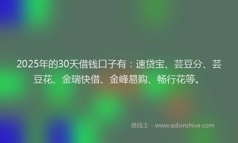 2025年的30天借钱口子有：速贷宝、芸豆分、芸豆花、金瑞快借、金峰易购、畅行花等。